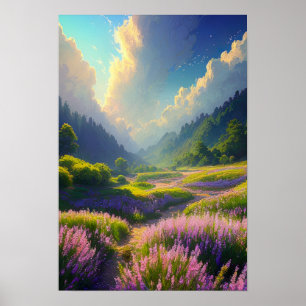 Pink Meadow in the Forested Hills Poster