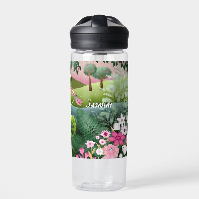 Pink Meadow Watercolor by Tia Water Bottle (Front)