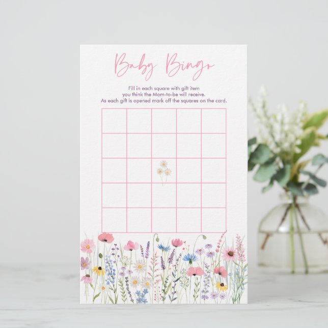 Pink Meadow Wildflowers Baby Shower Bingo Game (Standing Front)