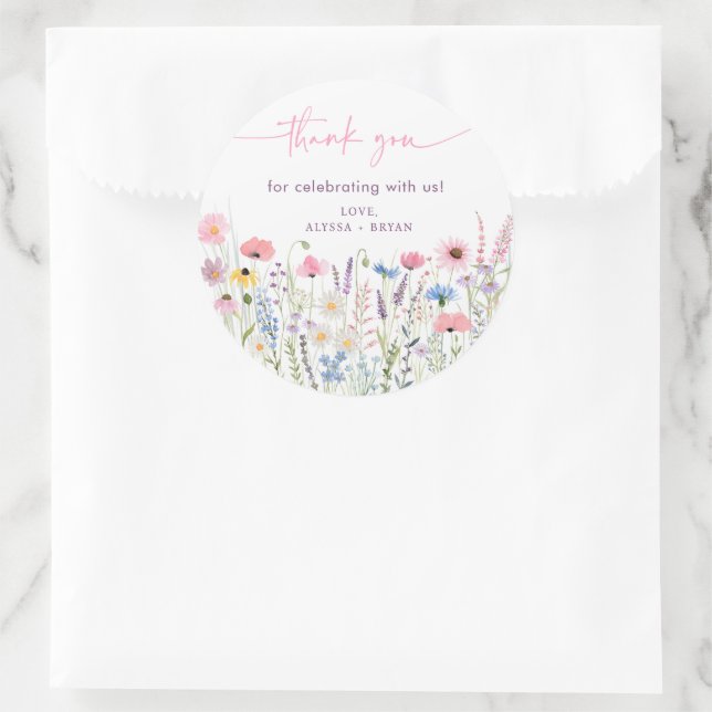 Pink Meadow Wildflowers Baby Shower Classic Round Sticker (Bag)