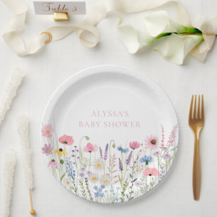 Pink Meadow Wildflowers Baby Shower Paper Plate