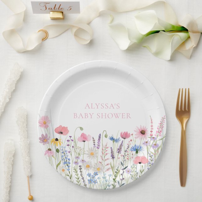 Pink Meadow Wildflowers Baby Shower Paper Plate (Wedding)