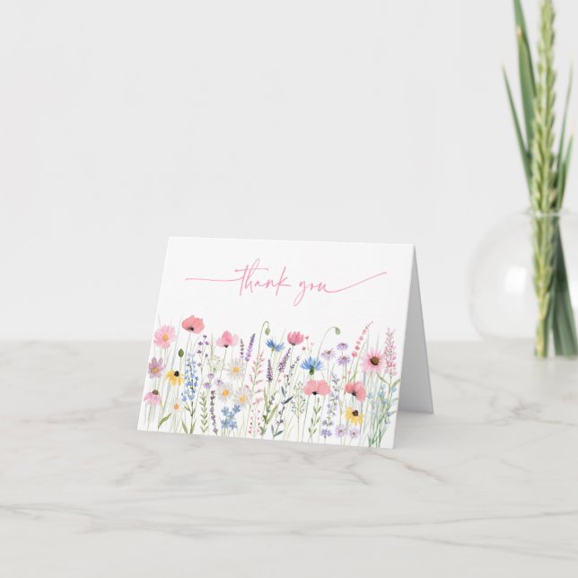 Pink Meadow Wildflowers Baby Shower Thank You Card (Front)