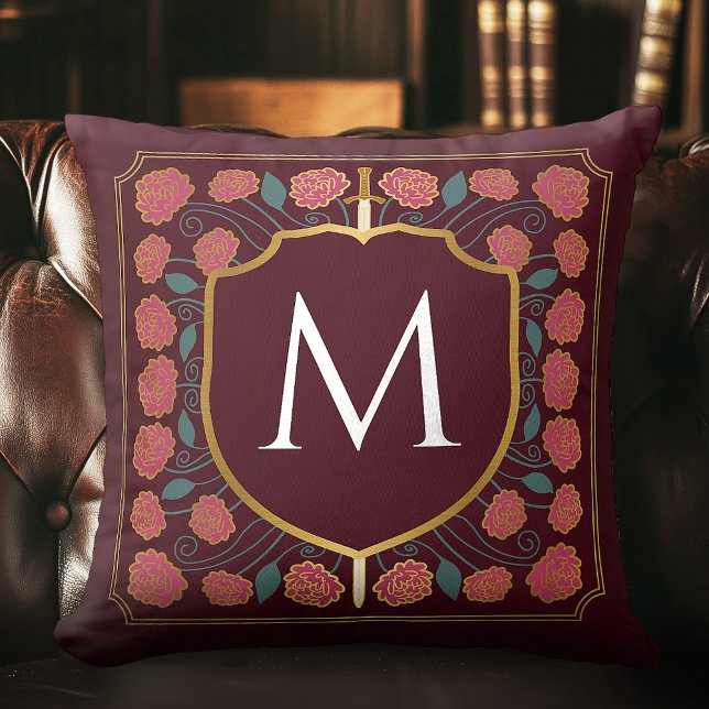 Pink Mediaeval Sword Shield Monogram Throw Pillow (Creator Uploaded)
