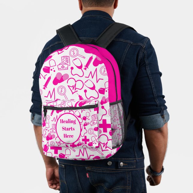 Pink Medical Icons Pattern Customisable Healthcare Printed Backpack (Insitu (Model))