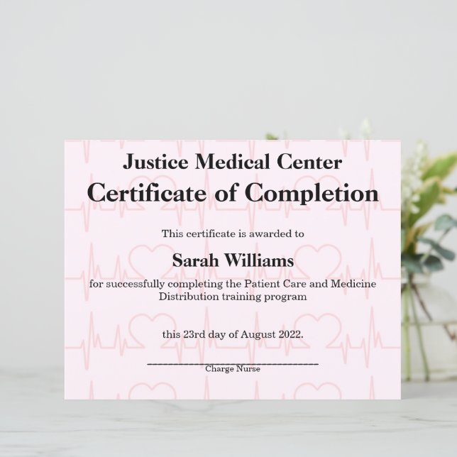 Pink Medical or Nursing Certificate of Completion (Standing Front)