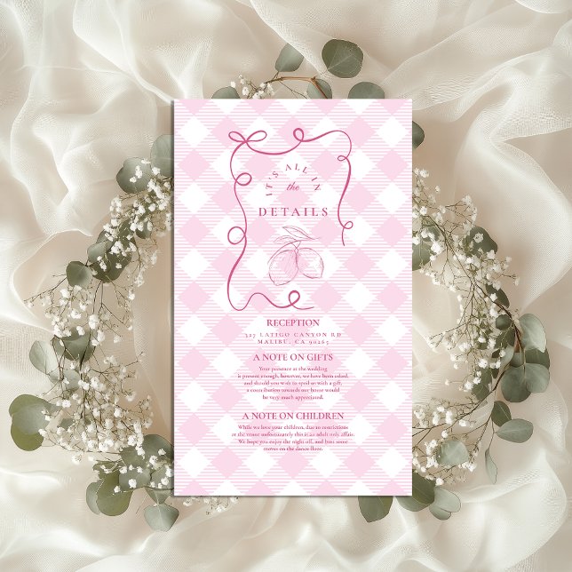 Pink Mediteranean Bow Gingham Lemons Wedding Enclosure Card (Creator Uploaded)