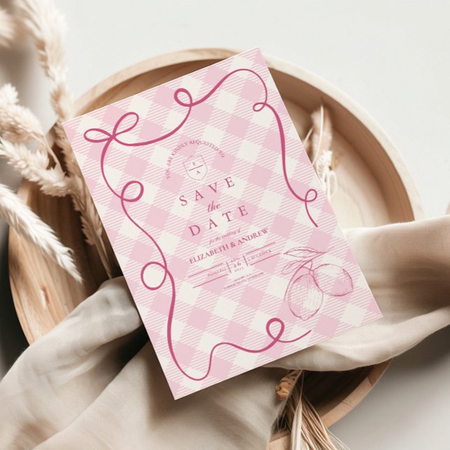 Pink Mediteranean Bow Gingham Lemons Wedding Save The Date (Creator Uploaded)