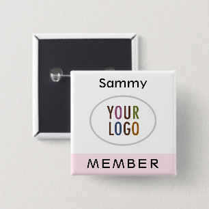 Pink Member Name Button with Logo Pin Back Square