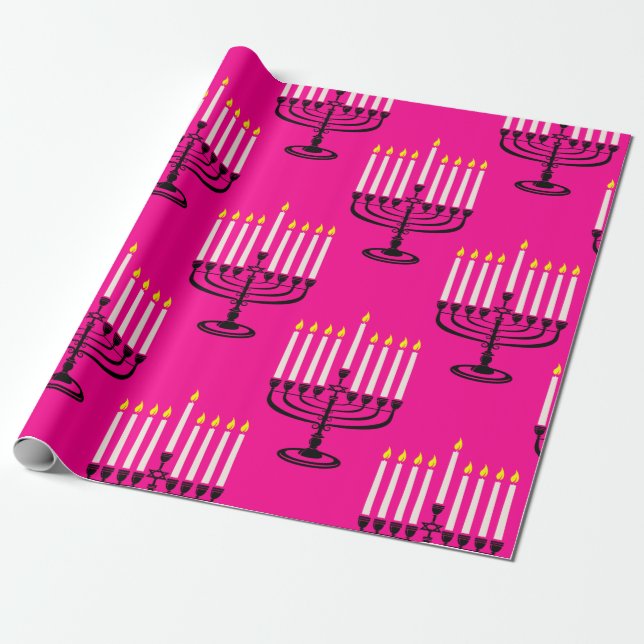 pink menorah hanukkah purim jewish print wrapping paper (Unrolled)