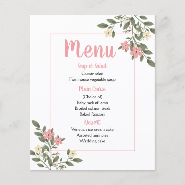 Pink Menu Floral Wedding Flowers Party Botanical (Front)