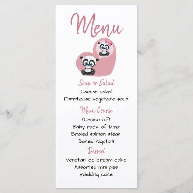 Pink Menu Panda Teddy Bear Heart Wedding Party (Front)
