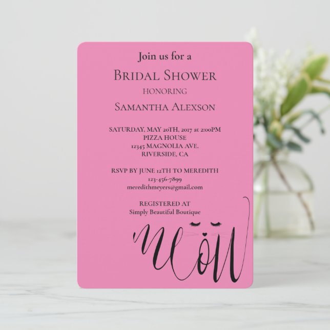 Pink Meow Cat Bridal Shower Invitation (Standing Front)