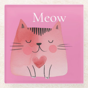Pink Meow Cat  Glass Coaster
