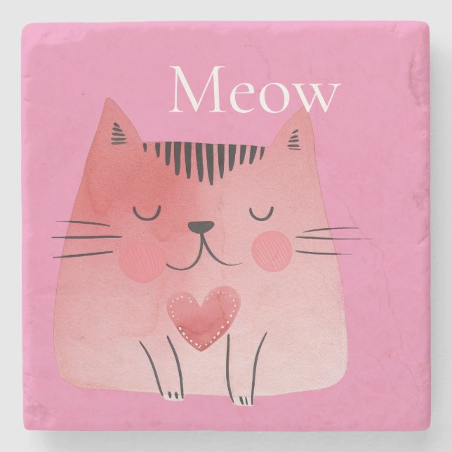 Pink Meow Cat  Stone Coaster (Front)