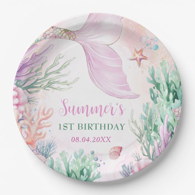 Pink Mermaid 1st Birthday Oneder The Sea Paper Plate (Front)