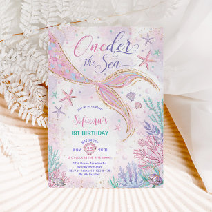Pink Mermaid 1st Birthday Oneder the Sea Party Invitation