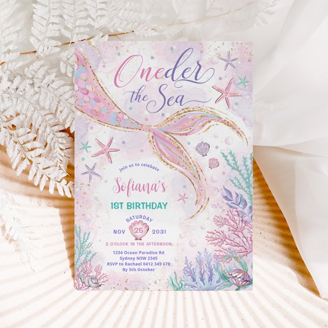 Pink Mermaid 1st Birthday Oneder the Sea Party Invitation (Creator Uploaded)