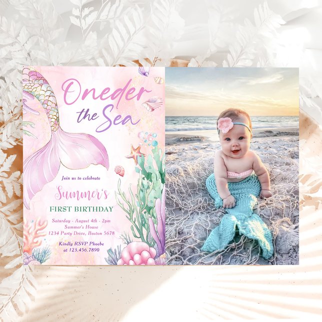 Pink Mermaid 1st Birthday Oneder the Sea Photo Invitation (Creator Uploaded)