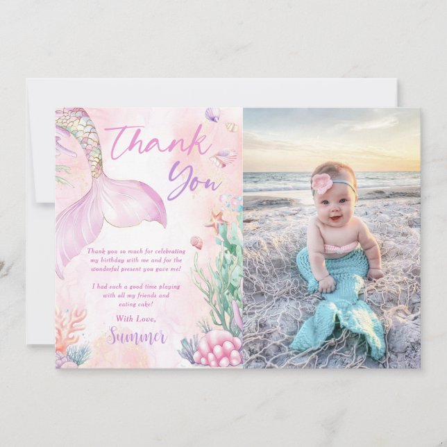 Pink Mermaid 1st Birthday Oneder The Sea Photo Thank You Card (Front)