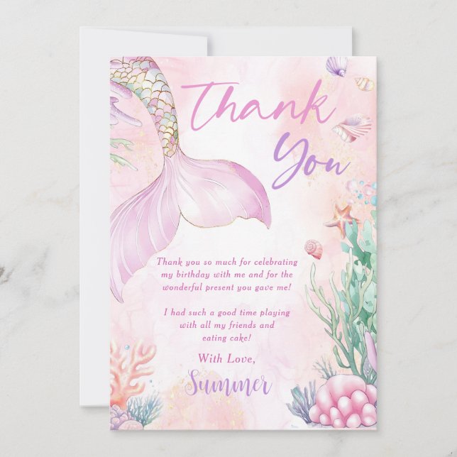 Pink Mermaid 1st Birthday Oneder The Sea Thank You Card (Front)