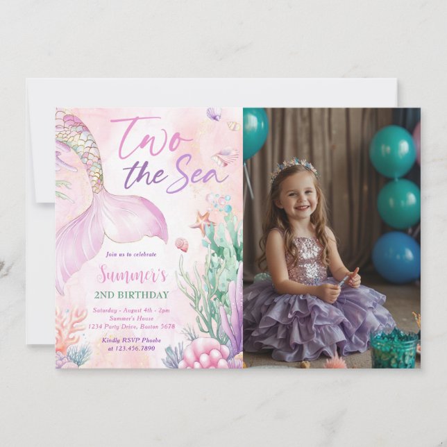 Pink Mermaid 2nd Birthday Two the Sea Photo Invitation (Front)