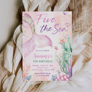 Pink Mermaid 5th Birthday Five the Sea Party Invitation