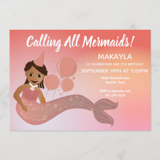 Pink Mermaid African American Birthday Party Invitation