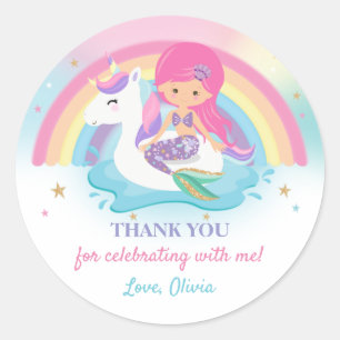 Pink Mermaid and Unicorn Pool Birthday Party Favou Classic Round Sticker