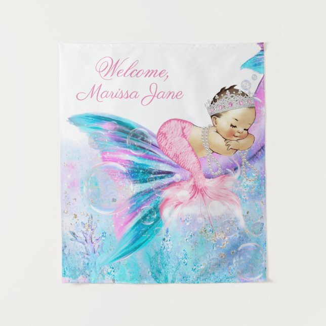 Pink Mermaid Baby Shower Backdrop Tapestry (Front)