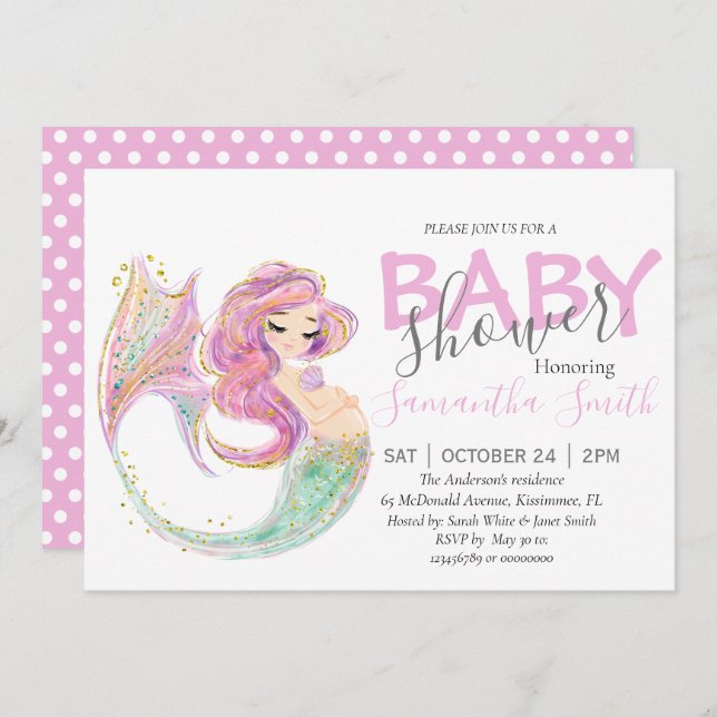 Pink MERMAID BABY SHOWER Under the sea  Announcement (Front/Back)