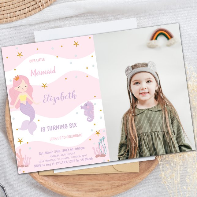 Pink Mermaid Birthday Invitation with Photo (Mermaid Pink Birthday Invitations with photo)
