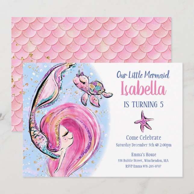 Pink Mermaid Birthday Party Invitation (Front/Back)