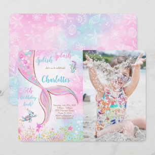 Pink Mermaid Birthday Photo Invitation