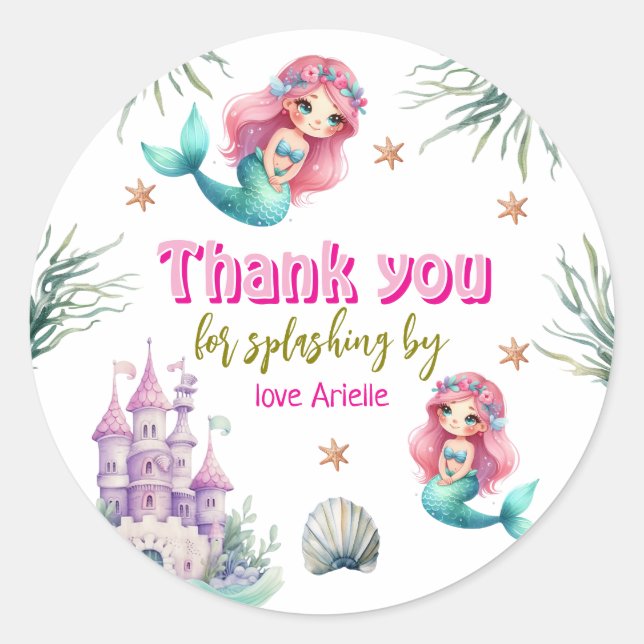 Pink Mermaid castle birthday  Classic Round Sticker (Front)