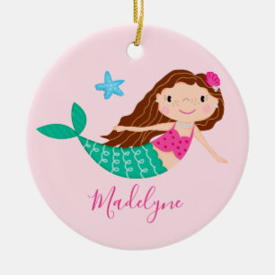 Pink Mermaid Christmas Script Name Ceramic Tree Decoration
