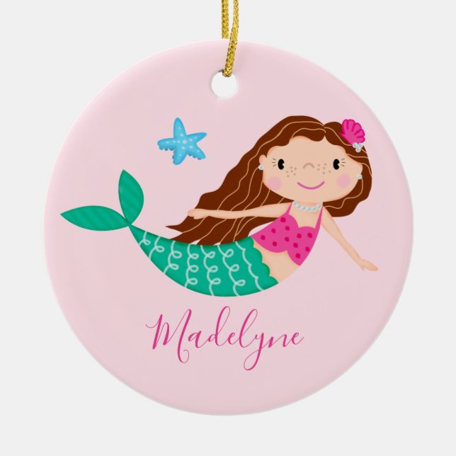 Pink Mermaid Christmas Script Name Ceramic Tree Decoration (Front)
