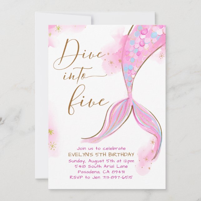 Pink Mermaid Dive Into Five 5th Birthday Party Invitation (Front)