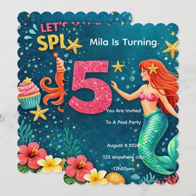 Pink Mermaid Fifth Birthday Invitation (Front/Back)
