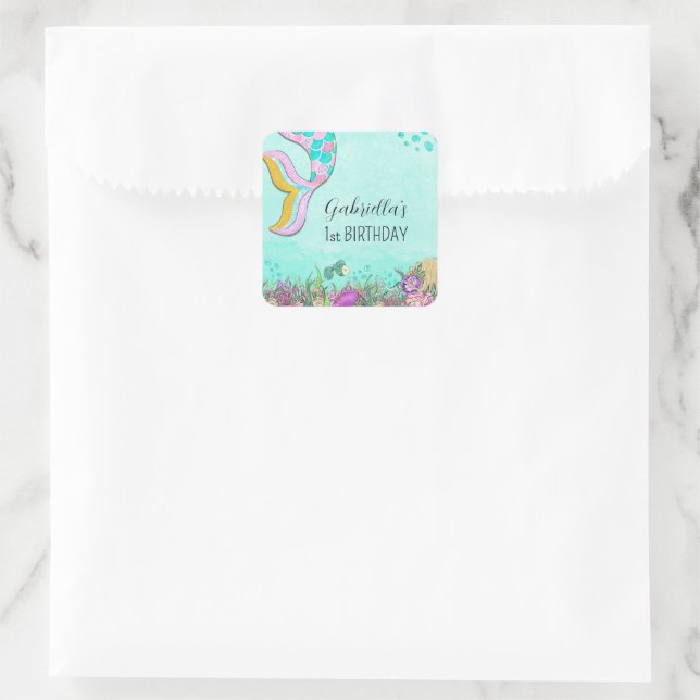 Pink Mermaid First Birthday Square Sticker (Bag)