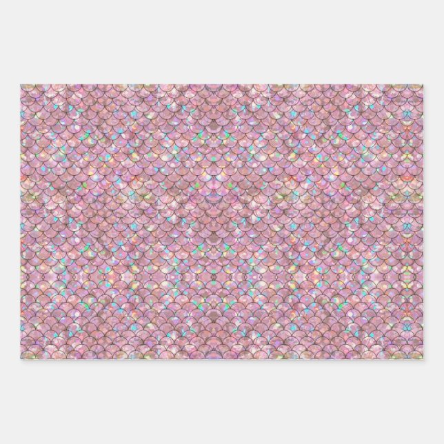 Pink Mermaid Fish Scales Holographic Decoupage Wrapping Paper Sheet (Front)