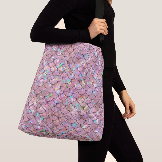 Pink Mermaid Fish Scales Holographic Elegant Glam Crossbody Bag (Close Up)