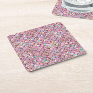 Pink Mermaid Fish Scales Holographic Elegant Glam Square Paper Coaster