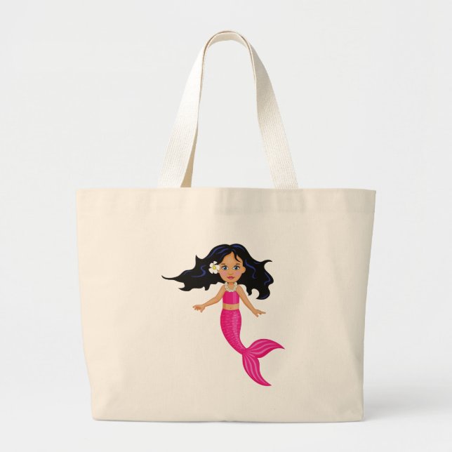 Pink Mermaid girl art Large Tote Bag (Front)