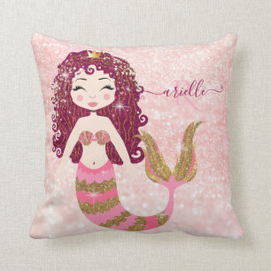Pink Mermaid Gold Glitter Baby Girl Shower Name Cushion