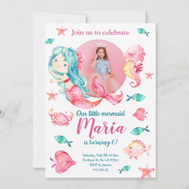 Pink Mermaid Kid's Photo Girl Birthday Invitation  (Front)