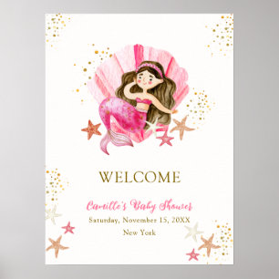 Pink Mermaid Ocean Starfish Baby Shower Welcome  Poster