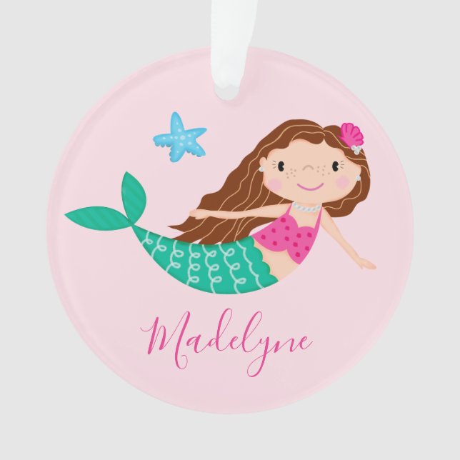Pink Mermaid Personalised Script Name Ornament (Front)