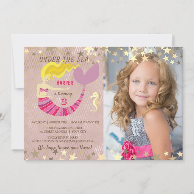 Pink Mermaid Photo Birthday Invitation (Front)