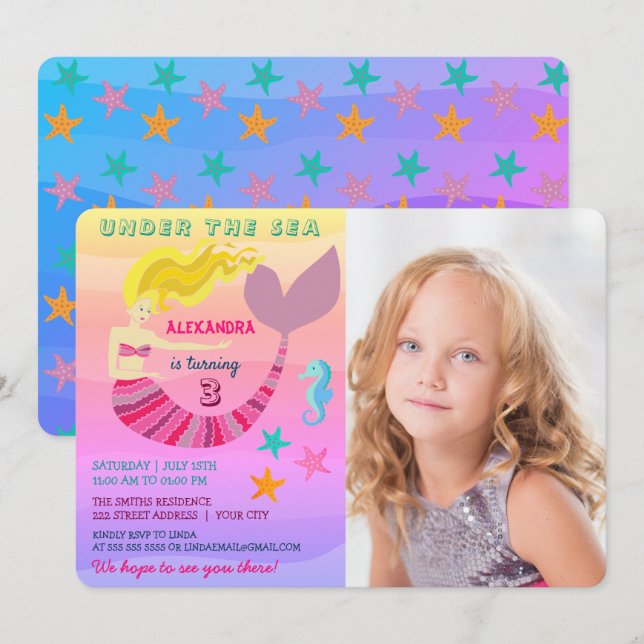 Pink Mermaid Photo Birthday Invitation (Front/Back)